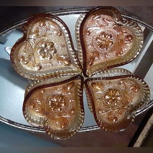4 AMBER TIARA HEART STACKABLE BRIDGE DISHES Indiana Glass Co. c1970